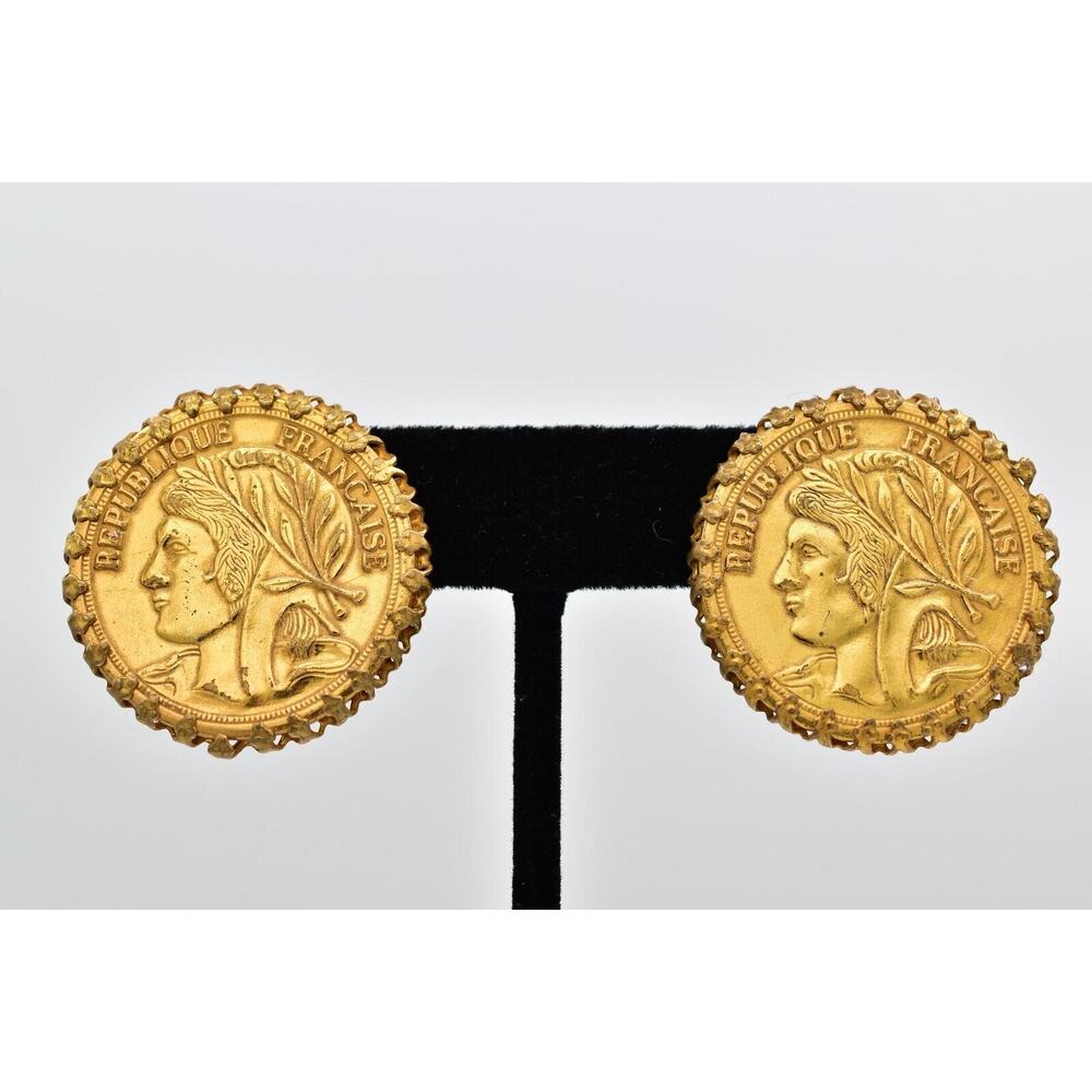 Miriam Haskell Vintage French Coin Clip On Earrings Chunky Gold Signed 60s BinBF